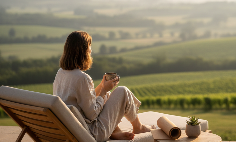 Farm-Forward & Wellness Stays: 7 Retreats Where You’ll Actually Unplug 1 Farm-forward wellness stays with yoga overlooking countryside