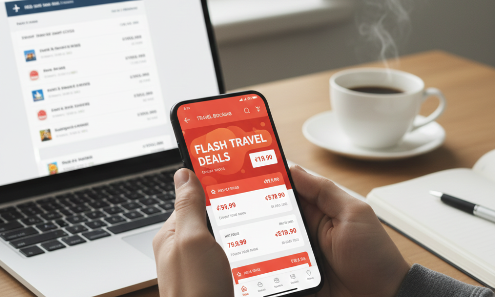 Same-Day Bookings & Last-Minute Travel: How to Profit from the Trend 6 Traveler using smartphone and laptop to find last-minute travel deals and flash discounts."