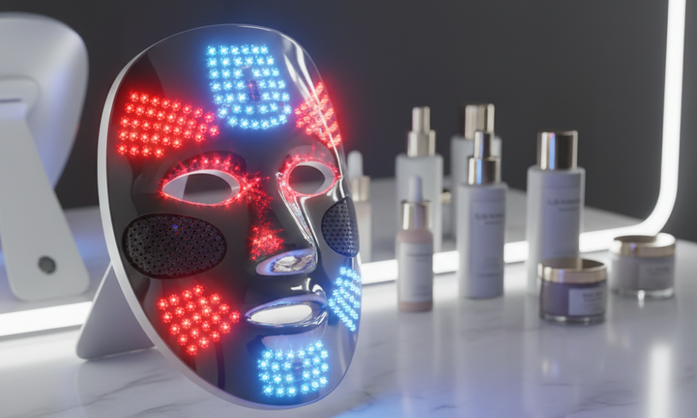 At-Home LED Light Therapy Devices: Which Ones Actually Deliver Results? 4 Full-face LED panel device emitting red, blue, and near-infrared lights for home use