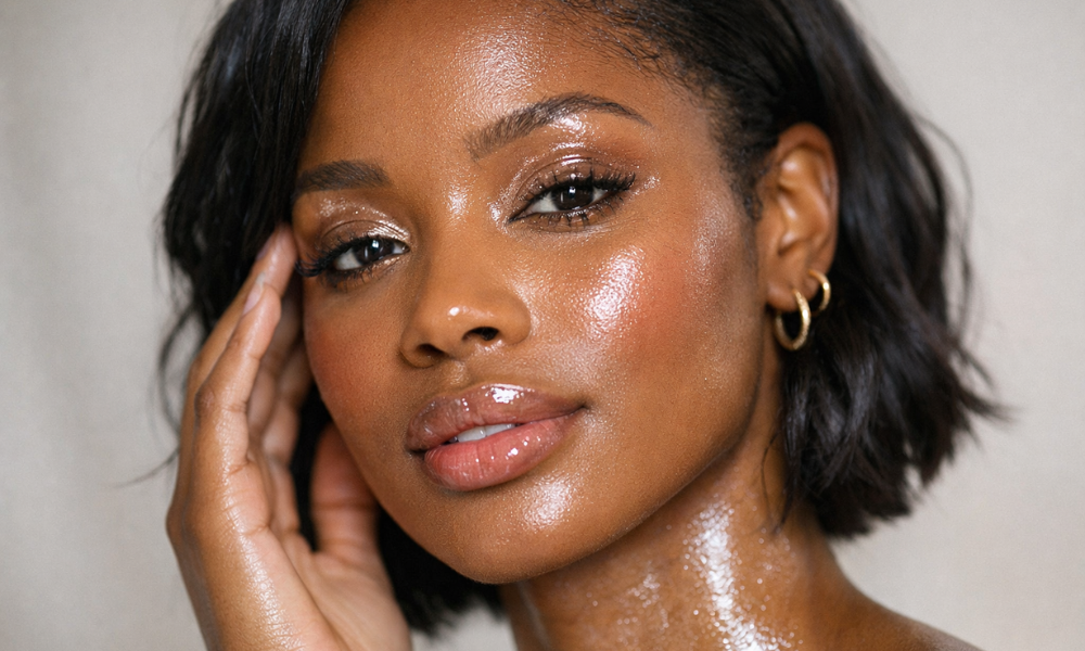 Glossy Lids & Dewy Bases: The 2025 “Glass” Eye Look 1 Black American woman showcasing the 2025 glass eye look with glossy eyelids, dewy skin, and natural highlighter in a professional beauty photo.