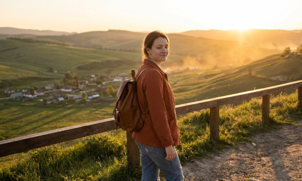 Hidden Gem Domestic Trips for 2025: Less Crowds, More Style 44 Traveler enjoying a quiet, scenic overlook during golden hour, representing the calm joy of hidden-gem domestic travel.