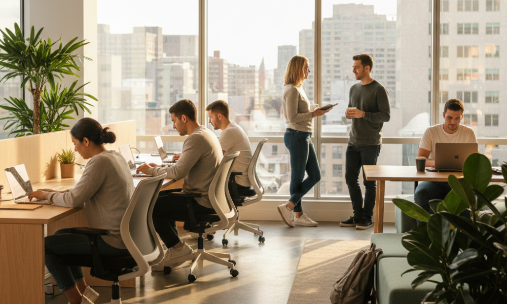 Bleisure Playbook: 11 Tips to Combine Work Trips With Mini Vacations 4 Modern hotel coworking space with ergonomic chairs, laptops, and natural light for bleisure business and leisure travel