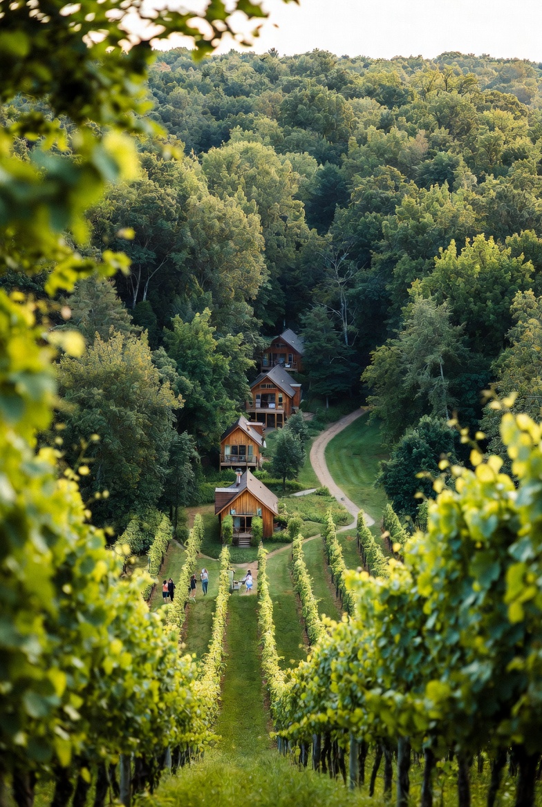 Microcation Guide: 2–4 Day Itineraries That Feel Like a Real Escape 5 Vertical image of Hudson Valley getaway showing vineyards, cozy cabins, and scenic hiking trails, representing a relaxing NYC weekend nature reset.