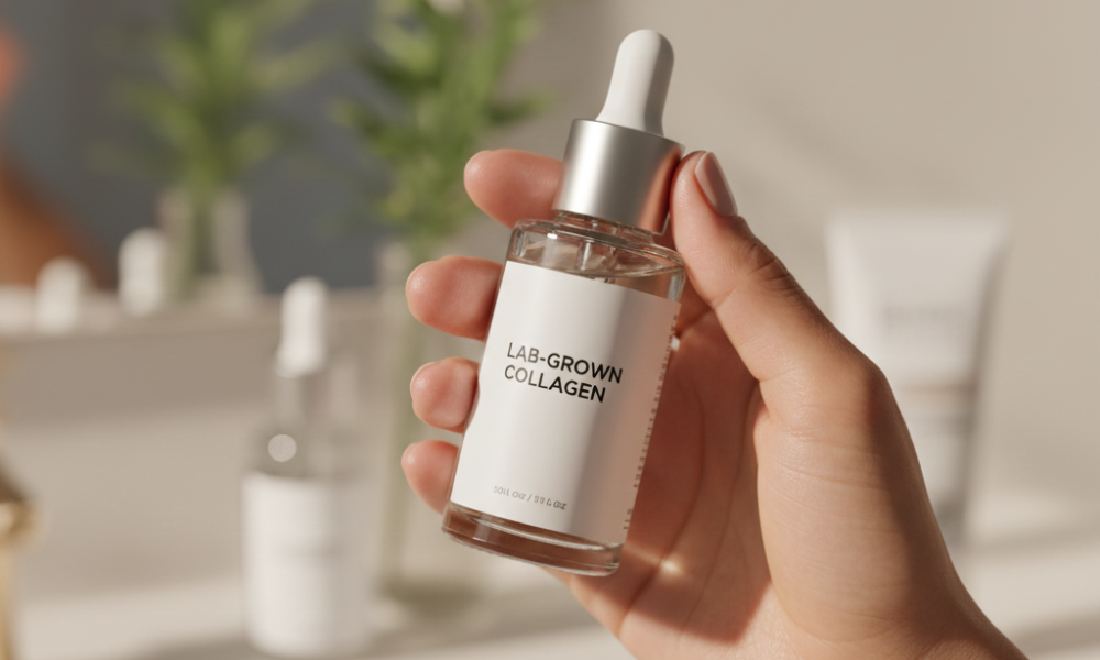 Biotech Skincare Explained: What’s Hype vs. Helpful 2 Hand holding lab-grown collagen serum, highlighting advanced biotech skincare ingredient