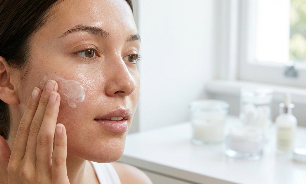 Microbiome & Barrier Repair: The Ingredients to Use (and Avoid) 41 Woman applying microbiome-friendly skincare with barrier repair moisturizer for healthy, glowing skin