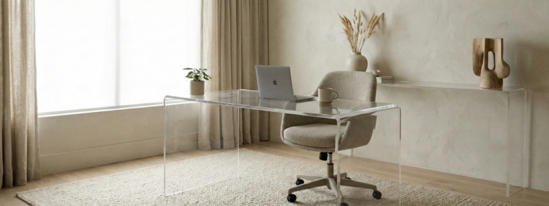 Home Office Trends 2025: 6 Stylish Design Ideas for Comfort + Focus 5 Modern minimalist home office with clear desk, tonal neutral palette, subtle textures, ergonomic chair, soft natural light, showing calm and airy design in Home Office Trends 2025.