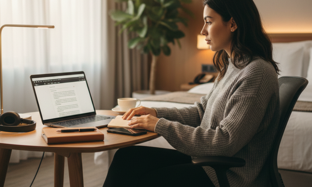 Bleisure Playbook: 11 Tips to Combine Work Trips With Mini Vacations 3 Young professional setting up a mobile workstation in a hotel room with laptop, notebook, smartphone, and coffee for remote work productivity