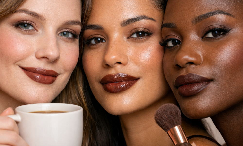 Mocha and brown lipstick shades on diverse skin tones