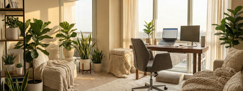 Home Office Trends 2025: 6 Stylish Design Ideas for Comfort + Focus 2 A stylish modern cozy home office with a sleek wooden desk, ergonomic chair, laptop, warm natural light, soft neutral colors, and green plants, showcasing Home Office Trends 2025.