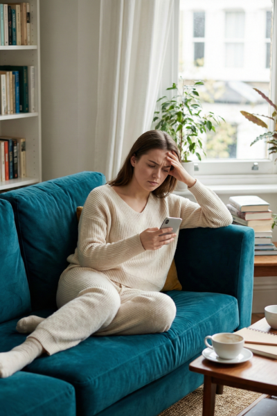 Slow Dating: How to Date Intentionally in 2025 (and Why It Works) 2 Young woman sitting on a velvet sofa looking tired and frustrated while checking her phone, reflecting modern dating chaos.