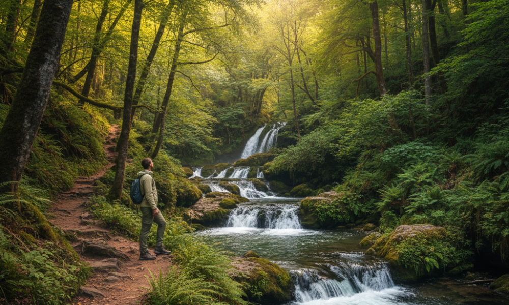 Hidden Gem Domestic Trips for 2025: Less Crowds, More Style 5 Scenic waterfall and forest trail near a major city, with a hiker enjoying a peaceful nature escape.
