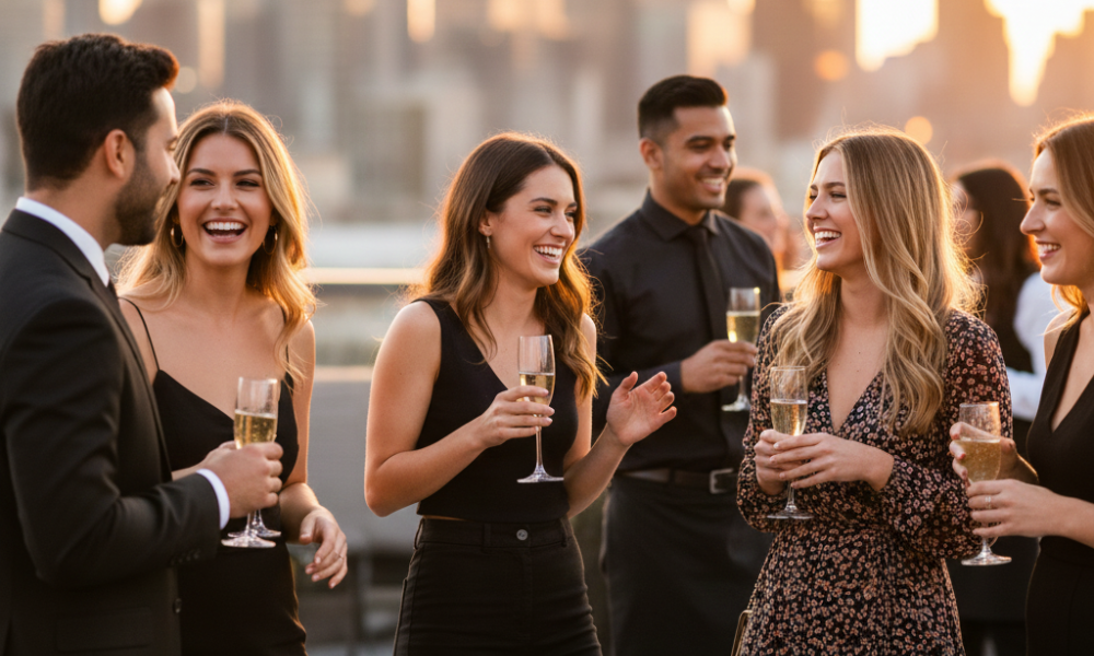 Offline Matchmaking: How to Host a Successful Singles Night 35 Young adults mingling at a stylish offline matchmaking event