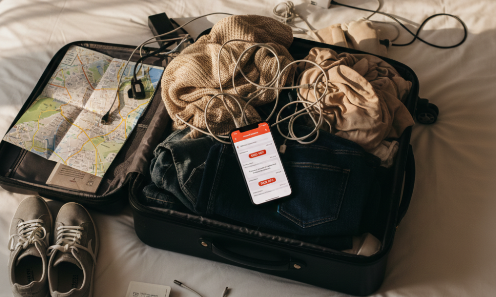 Same-Day Bookings & Last-Minute Travel: How to Profit from the Trend 5 Messy suitcase with travel documents and phone showing sold-out alerts, illustrating last-minute travel challenges