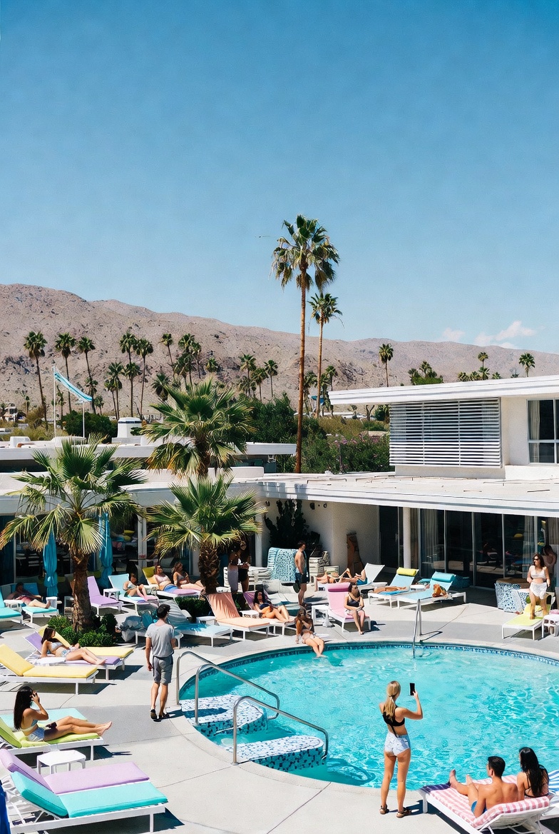 Microcation Guide: 2–4 Day Itineraries That Feel Like a Real Escape 6 Vertical image of Palm Springs desert getaway with retro pastel buildings, neon accents, sunlit pools, and stylish travelers enjoying a chic LA weekend escape.