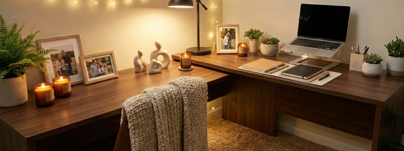 Home Office Trends 2025: 6 Stylish Design Ideas for Comfort + Focus 7 Stylish home office desk personalized with framed photos, candles, small sculptures, cozy textiles, green plants, warm lighting, curated and functional workspace, reflecting Home Office Trends 2025.