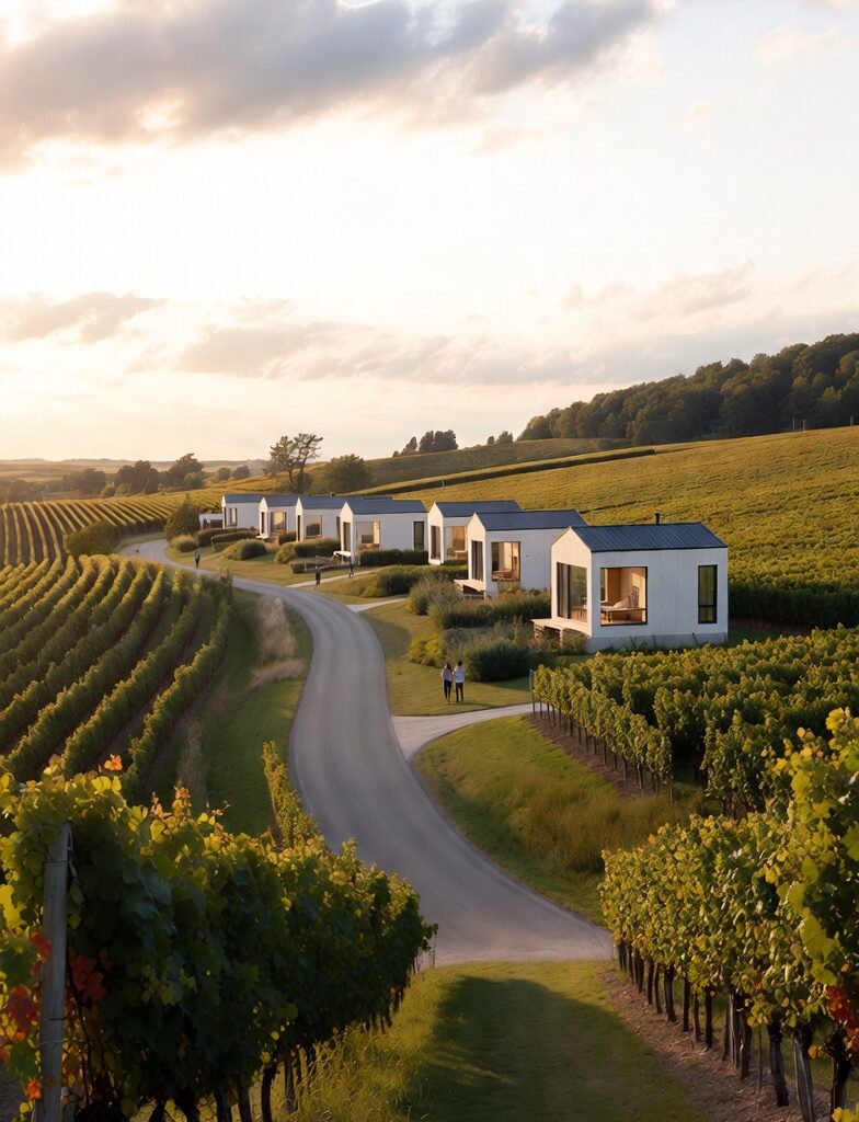 Microcation Guide: 2–4 Day Itineraries That Feel Like a Real Escape 9 Prince Edward County vineyards, minimalist cottages, and relaxed travelers enjoying a serene wine country weekend escape from Toronto.