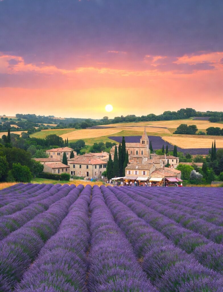 Microcation Guide: 2–4 Day Itineraries That Feel Like a Real Escape 8 Vertical image of Provence showing lavender fields, soft sunsets, and charming markets, representing a romantic Paris weekend escape with slow living vibes.