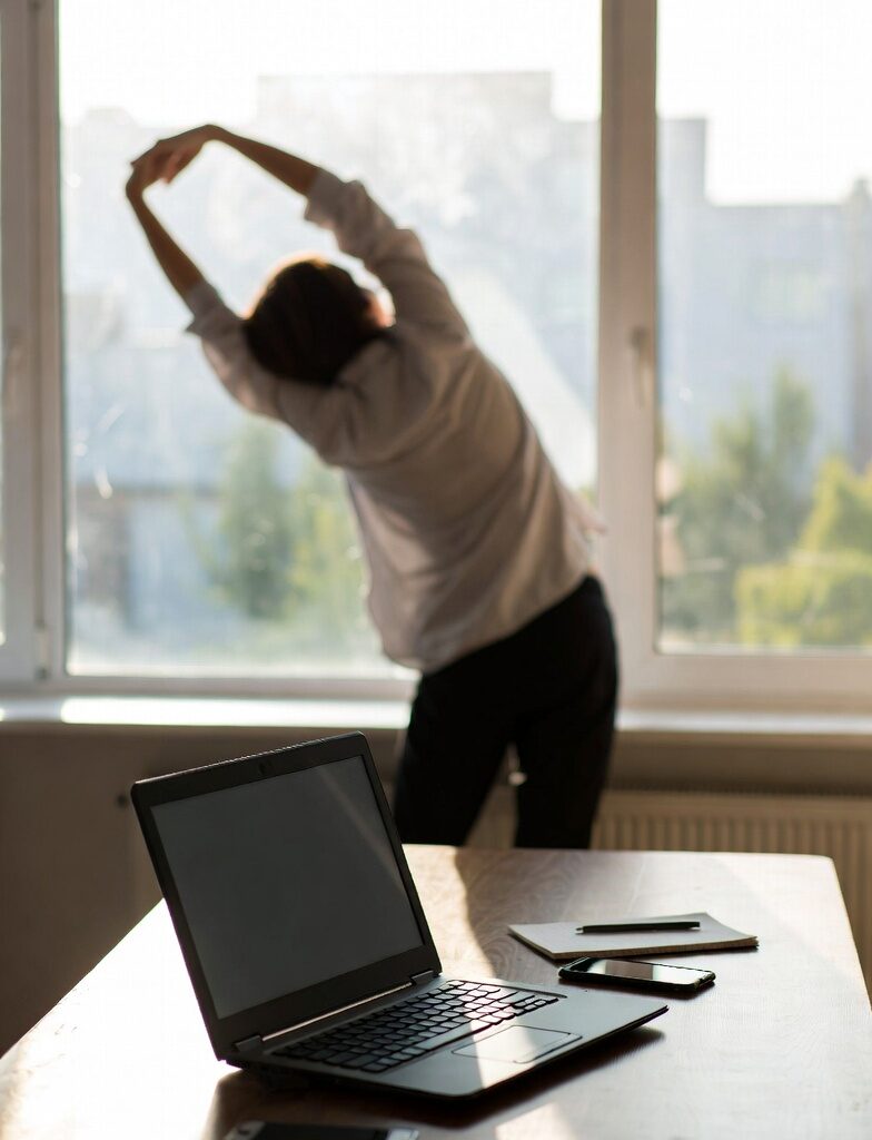 Digital Detox Routines That Actually Stick: Weekenders to 30-Day Challenges 5 Person stepping away from a laptop and phone at a workspace, illustrating research-backed benefits of digital detox for mental clarity