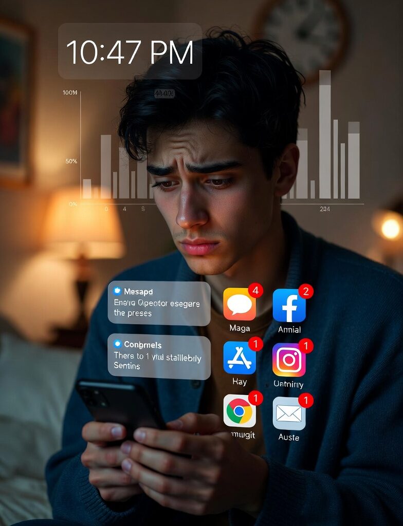 Digital Detox Routines That Actually Stick: Weekenders to 30-Day Challenges 4 Young adult checking phone late at night, illustrating high daily screen time and digital fatigue