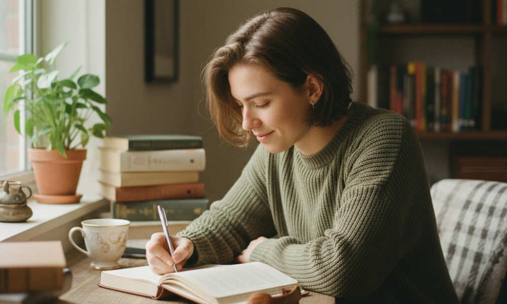 ENM (Ethical Non-Monogamy) 101: Safe, Honest Ways People Are Dating Now 3 A young adult journaling at a sunlit desk, with books and tea nearby, symbolizing self-discovery and intentional relationships.