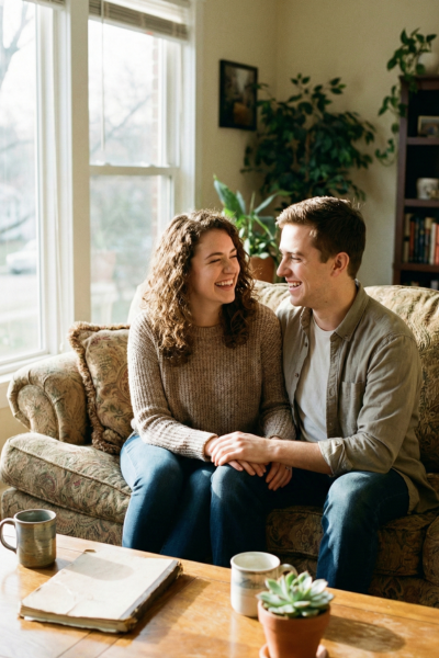 Slow Dating: How to Date Intentionally in 2025 (and Why It Works) 6 A young couple sitting on a cozy couch, laughing and talking genuinely, enjoying slow dating and mindful connection in natural sunlight.