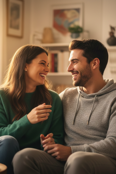 Slow Dating: How to Date Intentionally in 2025 (and Why It Works) 4 A beautiful woman and handsome man sitting on a couch, laughing and talking genuinely, representing slow dating and intentional emotional connection.
