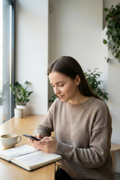 Slow Dating: How to Date Intentionally in 2025 (and Why It Works) 3 Thoughtful young woman at a cafe looking at her phone with calm focus, representing intentional, mindful dating.