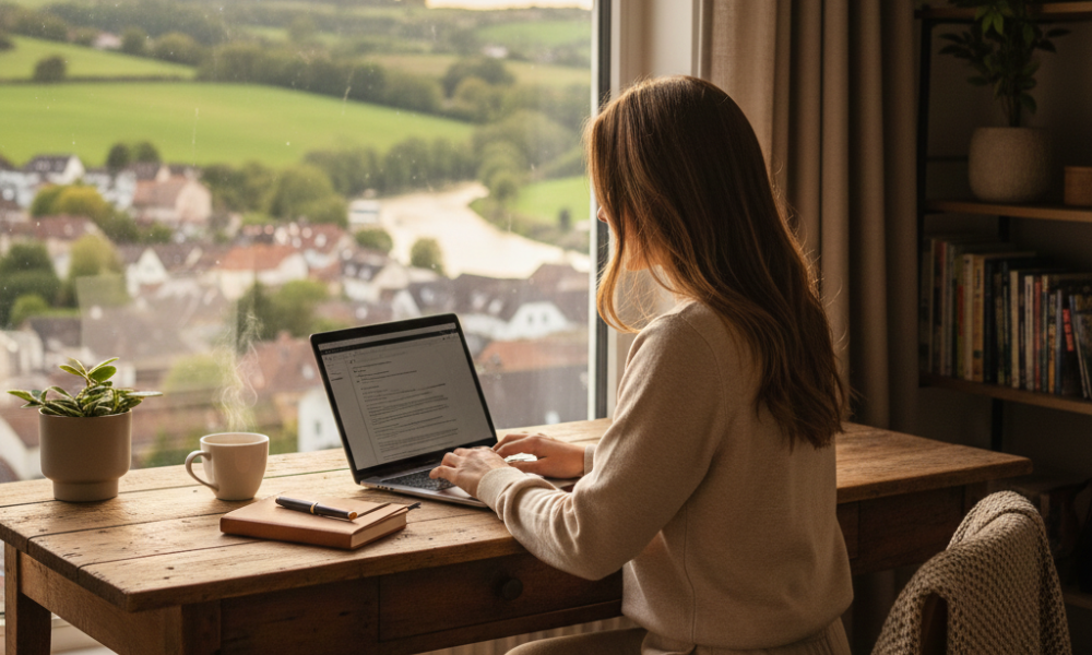 Hidden Gem Domestic Trips for 2025: Less Crowds, More Style 2 Traveler blending work and leisure at a quiet café with scenic views, representing the calm, authentic hidden-gem travel trend of 2025.