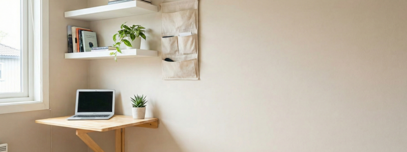 Home Office Trends 2025: 6 Stylish Design Ideas for Comfort + Focus 6 Compact home office with foldable desk, floating shelves, wall-mounted storage, laptop, potted plants, natural light, and minimal décor, exemplifying efficient layouts in Home Office Trends 2025.