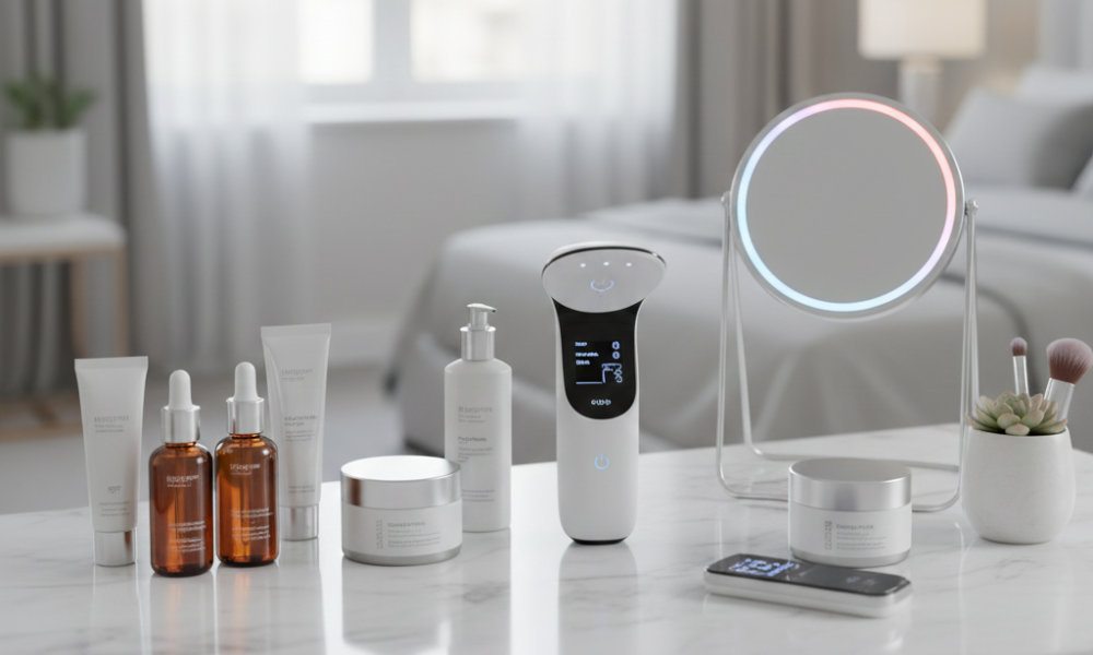 AI Skin Tools: How Personalized Routines Are Changing Skincare 4 Smart facial sensors and at-home AI skin devices on a vanity