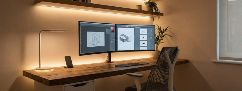 Home Office Trends 2025: 6 Stylish Design Ideas for Comfort + Focus 4 Contemporary home office with smart lighting, AI desk lamp, dual monitors, wireless charger, cable-free minimalist desk, ergonomic chair, highlighting tech upgrades in Home Office Trends 2025.