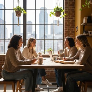 Young adults enjoying a social wellness meetup in a sunlit café, practicing mindfulness and connection.
