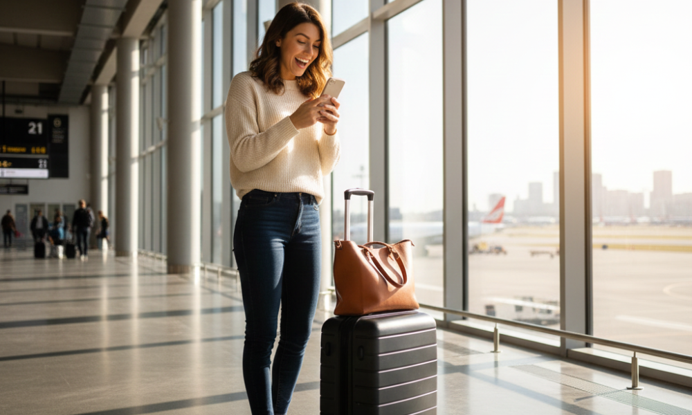 Same-Day Bookings & Last-Minute Travel: How to Profit from the Trend 7 Young woman at airport checking phone for last-minute travel deals with excitement and suitcase beside her.