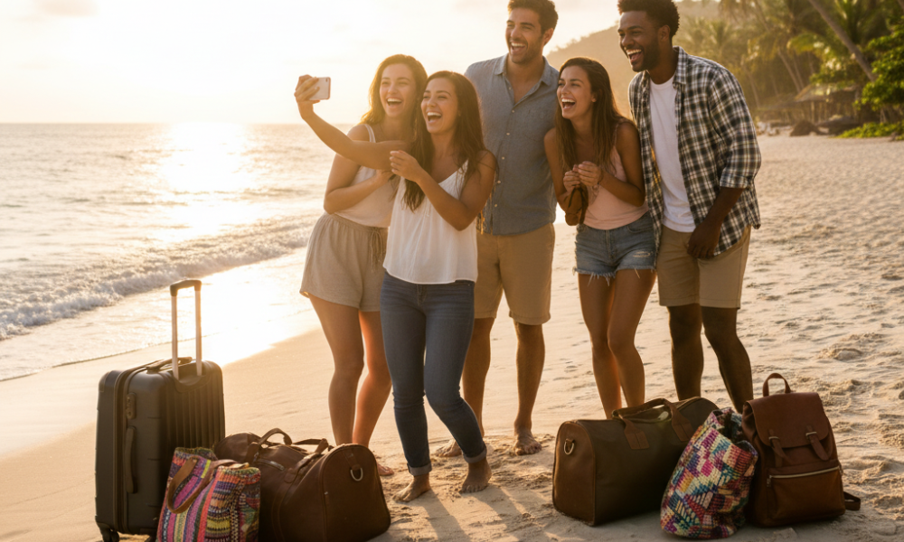 Same-Day Bookings & Last-Minute Travel: How to Profit from the Trend 3 "Young adults enjoying a last-minute trip to a tropical beach, taking selfies and laughing with luggage nearby.