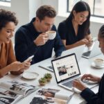 StarWatch Journal: Your Go-To Source for Celebrity News & Beauty Trends 4 Modern, stylish young adults browsing celebrity news and beauty trends on a digital magazine website with chic fashion visuals and glam-inspired imagery