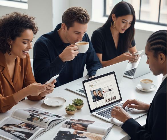 StarWatch Journal: Your Go-To Source for Celebrity News & Beauty Trends 1 Modern, stylish young adults browsing celebrity news and beauty trends on a digital magazine website with chic fashion visuals and glam-inspired imagery