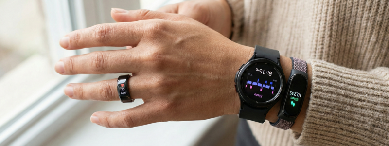 6 Top Longevity & Wellness Tech You Can Use at Home 2 Close-up of a wearable tracker setup with a stylish smart ring on a woman’s finger, smartwatch on wrist, and fitness band, showing glowing health metrics,