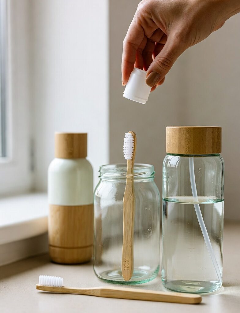 21 Sustainable Swaps for Everyday Life: Small Changes, Big Impact 2 A person’s hands swapping a plastic product for an eco-friendly alternative, including a bamboo toothbrush, reusable bottle, and glass jar