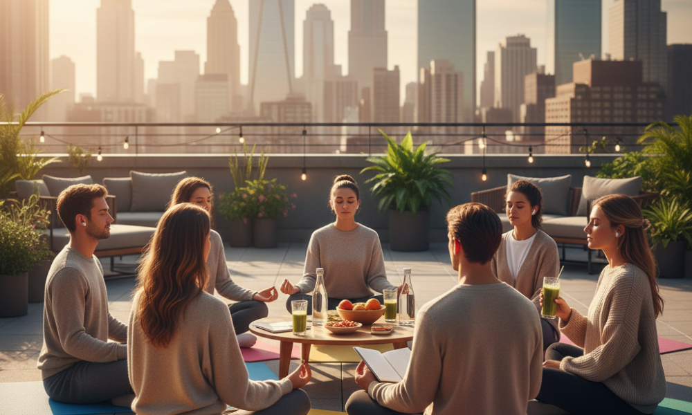 The Rise of ‘Social Wellness’: Group Rituals, City Meetups and Modern Community 39 Diverse young adults enjoying a social wellness meetup on a sunlit rooftop, practicing meditation, journaling, and mindful connection in a modern city setting.