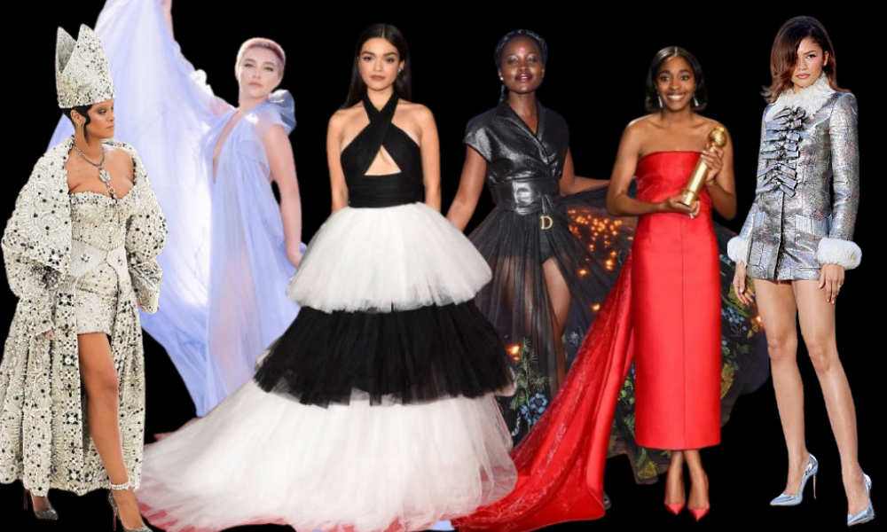 Composite image of the best red carpet looks of 2025 featuring top celebrities in designer gowns and suits at major award shows