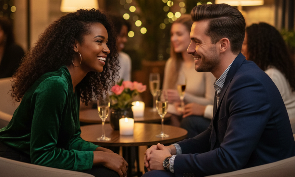 Offline Matchmaking: How to Host a Successful Singles Night 4 Two young adults smiling and making eye contact while talking at a singles night in a cozy lounge, wearing fashionable outfits, with warm ambient lighting, capturing a natural candid moment of authentic connection.