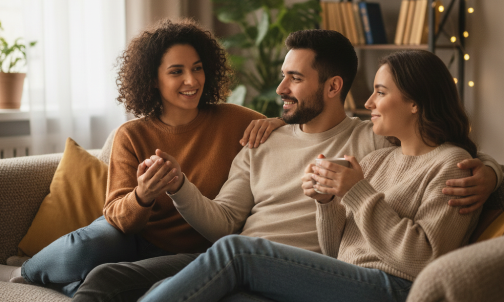 ENM (Ethical Non-Monogamy) 101: Safe, Honest Ways People Are Dating Now 2 Three friends sitting on a cozy sofa having an open, friendly conversation, representing multiple consensual relationships.