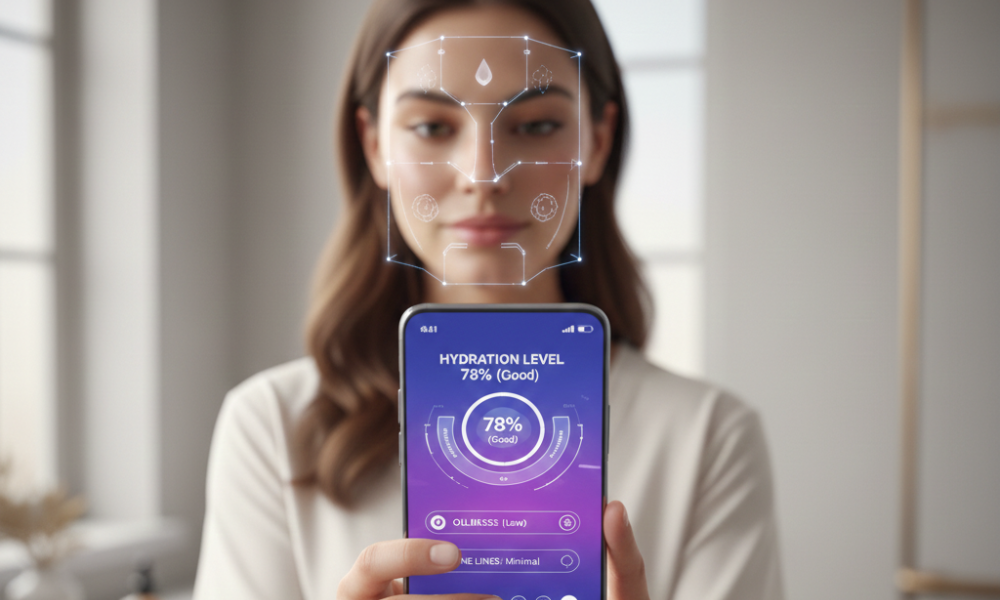 AI Skin Tools: How Personalized Routines Are Changing Skincare 2 Close-up of AI skin analysis app on a smartphone detecting skin hydration and fine lines