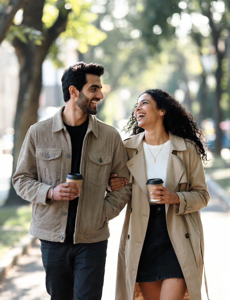 Slow Dating: How to Date Intentionally in 2025 (and Why It Works) 5 Young couple walking slowly in a sunlit park, laughing and talking, showing intentional and mindful dating trends.