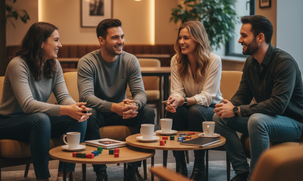 Offline Matchmaking: How to Host a Successful Singles Night 2 Group of young adults in casual chic outfits engaging in conversation at a stylish indoor venue, smiling, making eye contact, with coffee tables and soft lighting in the background, showcasing authentic in-person connections at a singles event