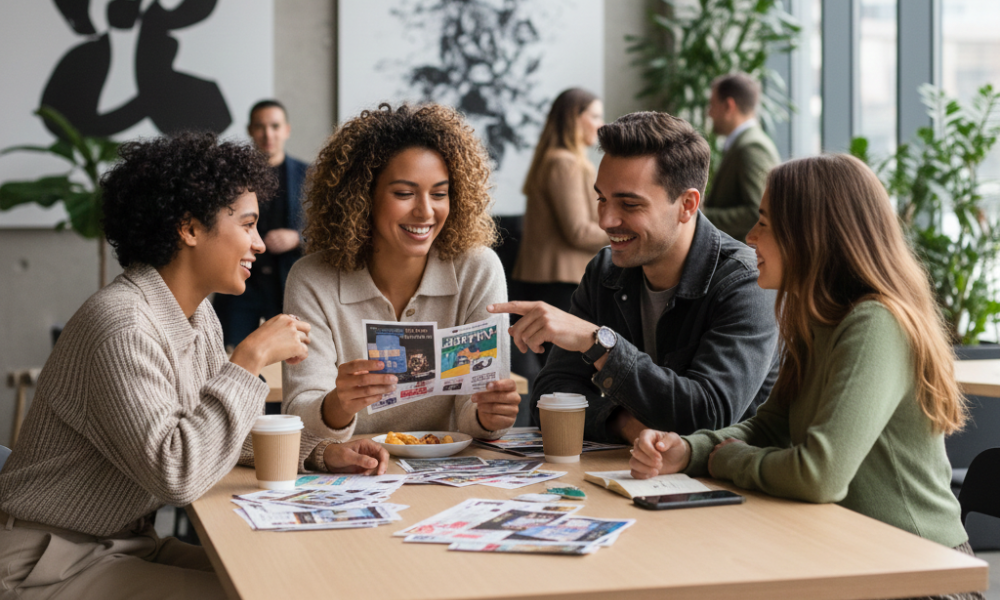Offline Matchmaking: How to Host a Successful Singles Night 3 Diverse group of stylish young adults chatting and reviewing event flyers at a modern, chic venue with soft natural lighting, capturing a candid lifestyle moment of social planning and authentic engagement.