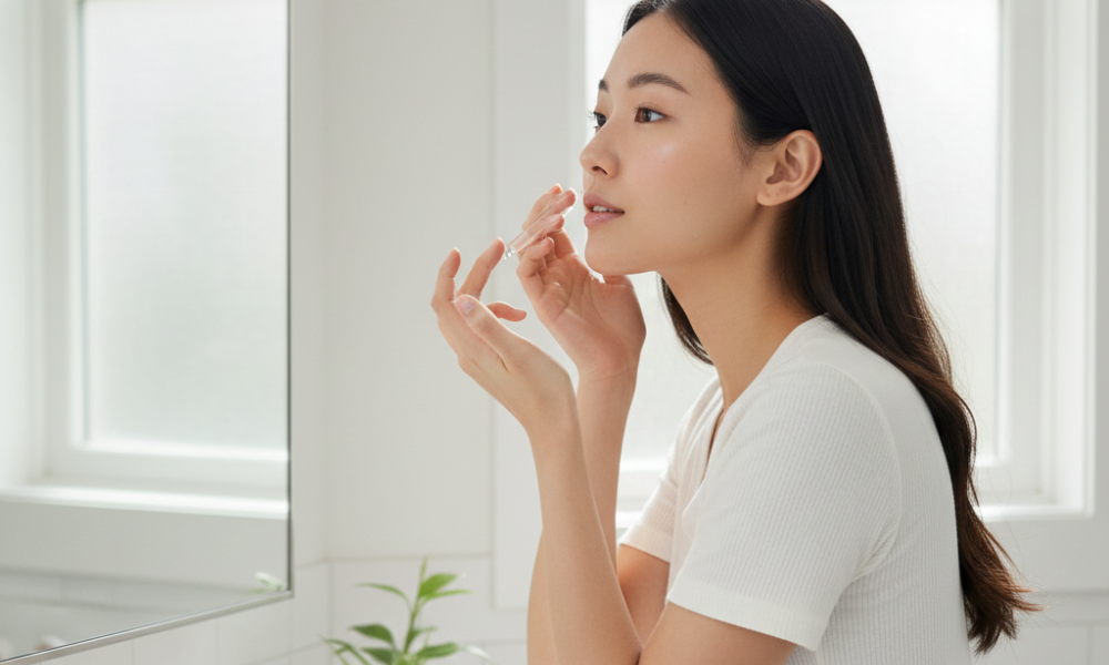 Microbiome & Barrier Repair: The Ingredients to Use (and Avoid) 4 "Realistic photo of a young woman at her bathroom vanity applying serum, with SPF and moisturizer visible, soft natural light, minimal clean interior, and subtly labeled skincare products, professional lifestyle photography
