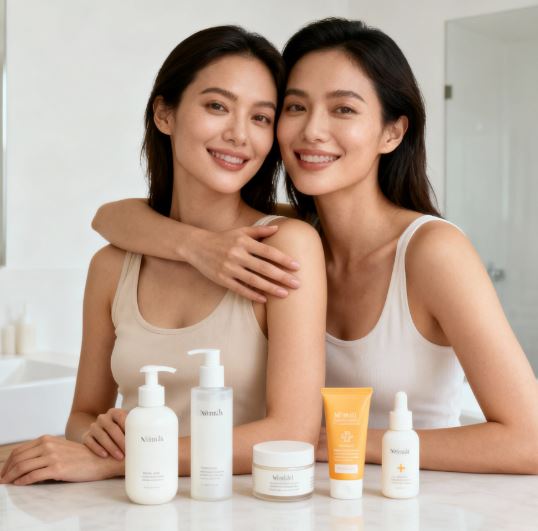 Minimalist skinimalism skincare routine layout with five essential products including cleanser, serum, moisturizer, toner, and sunscreen.