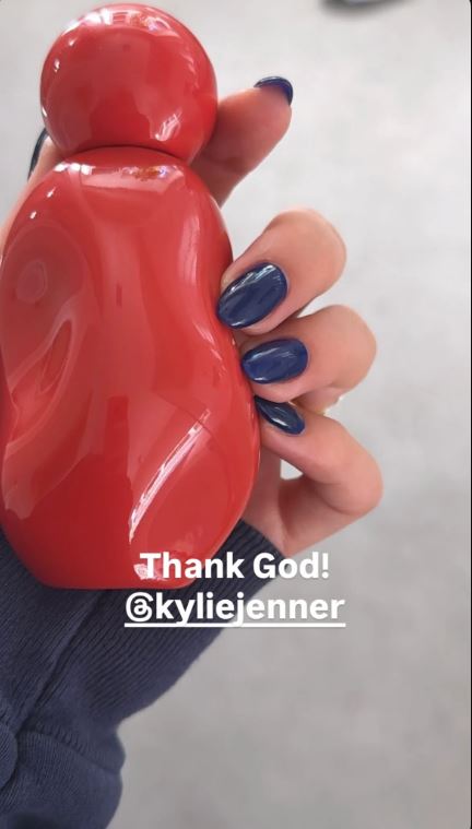 Hailey Bieber showing glossy midnight blue nails in winter outfit