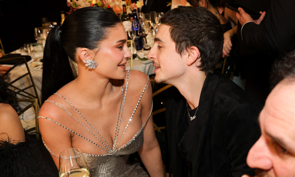 Kylie Jenner reacts emotionally as Timothée Chalamet accepts his Golden Globes award on stage